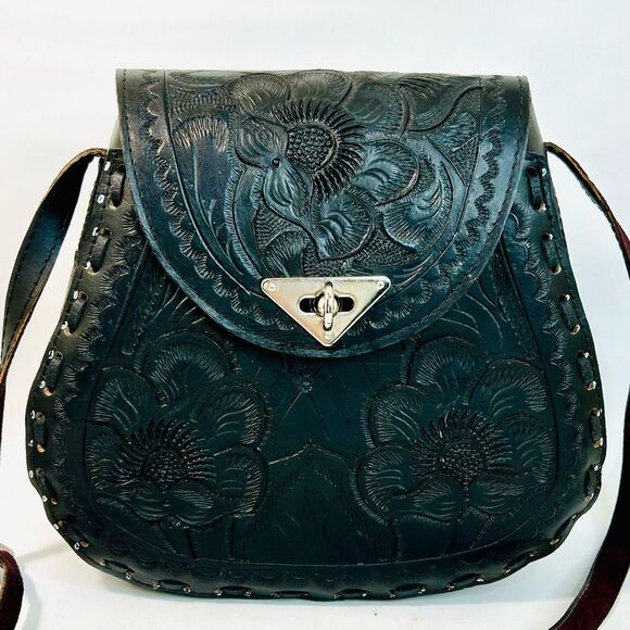Black Leather Hand-Tooled Embossed Mexican Floral Artisanal Crossbody - Picture 2 of 10